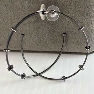 Black Gunmetal-Tone Hoop Earrings With Decorative Beads & Crystals